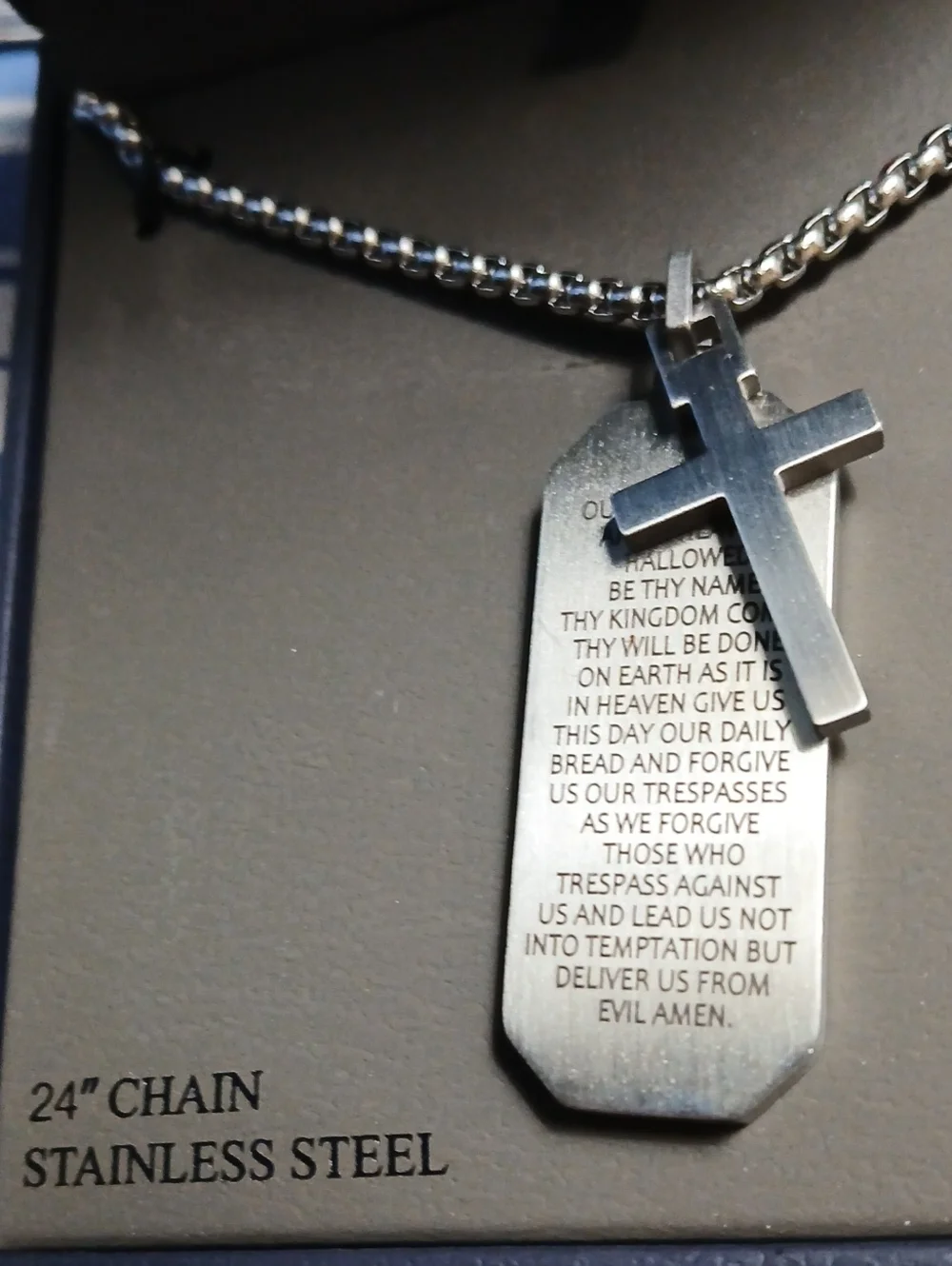 Men's Stainless Steel Cross & Dog Tag Necklace Silver Lords Prayer